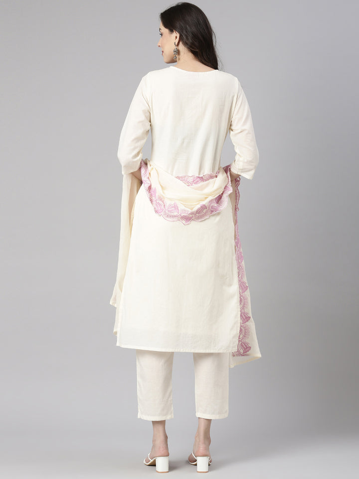 Neerus Lavender Embroidered Straight Kurta and Trousers With Dupatta