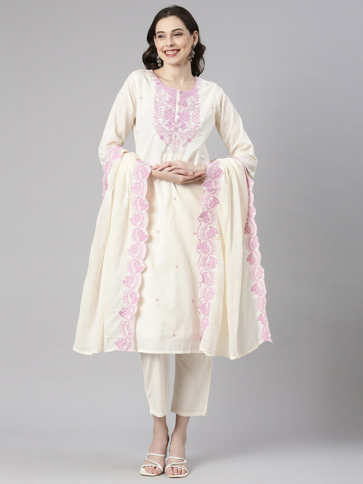 Neerus Lavender Embroidered Straight Kurta and Trousers With Dupatta