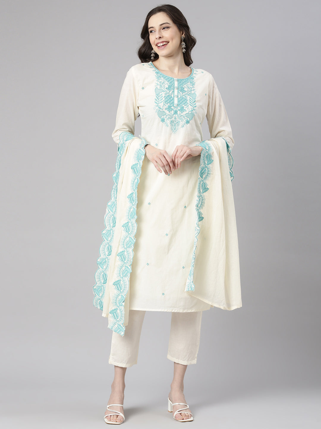 Neerus Sea Green Embroidered Straight Kurta and Trousers With Dupatta