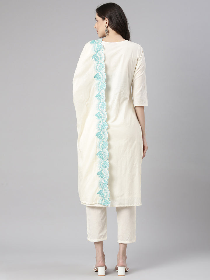 Neerus Sea Green Embroidered Straight Kurta and Trousers With Dupatta