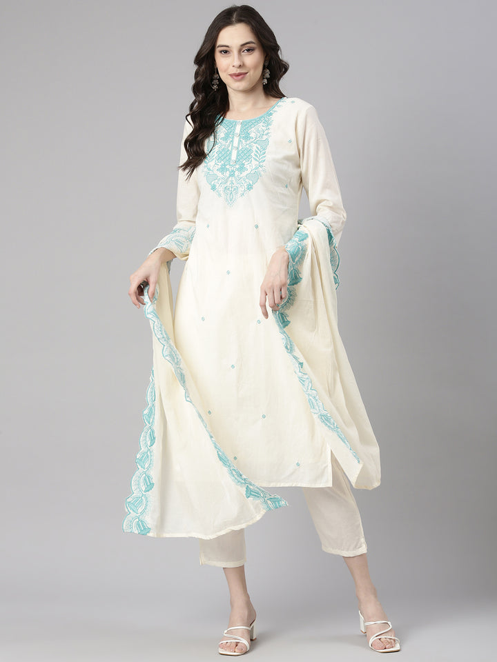 Neerus Sea Green Embroidered Straight Kurta and Trousers With Dupatta