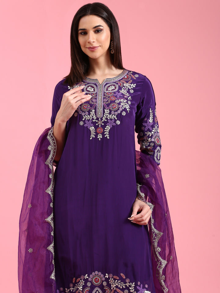 Purple Crepe Embroidery Three Piece Suit Set