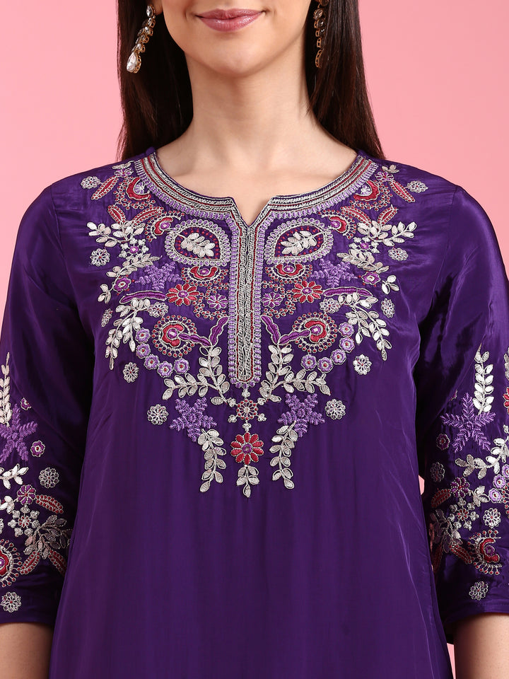 Purple Crepe Embroidery Three Piece Suit Set