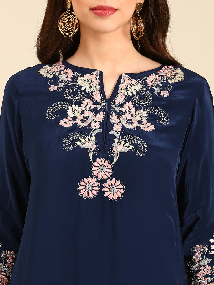 Midnight Blue thread work three piece crepe suit set with organza dupatta