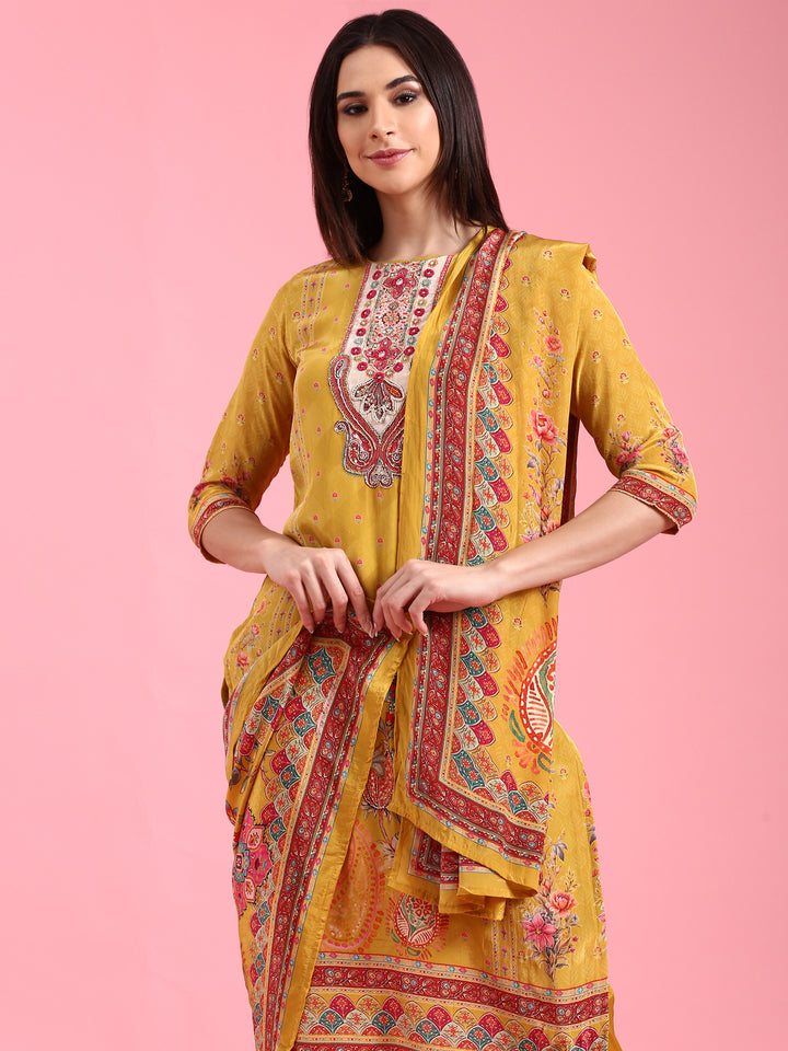 Mustard Crepe Printed Three Piece Suit Set