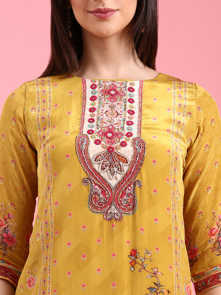 Mustard Crepe Printed Three Piece Suit Set