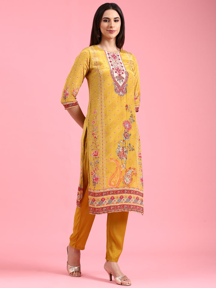 Mustard Crepe Printed Three Piece Suit Set