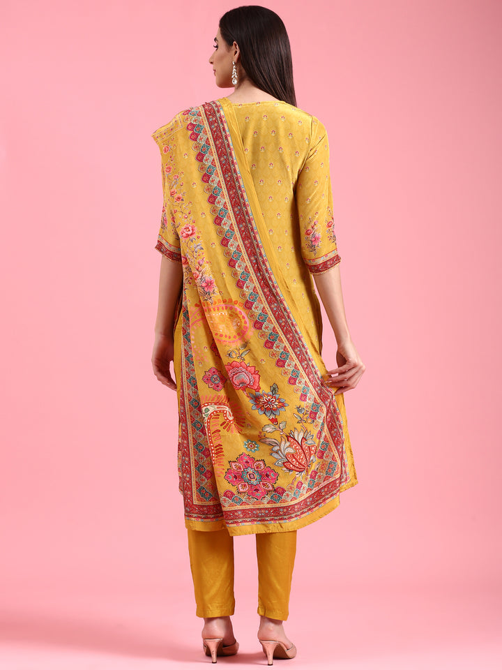 Mustard Crepe Printed Three Piece Suit Set