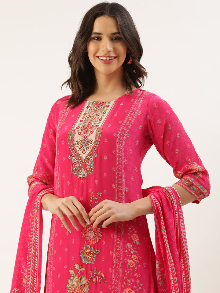 Rani Pink Crepe Printed Three Piece Suit Set