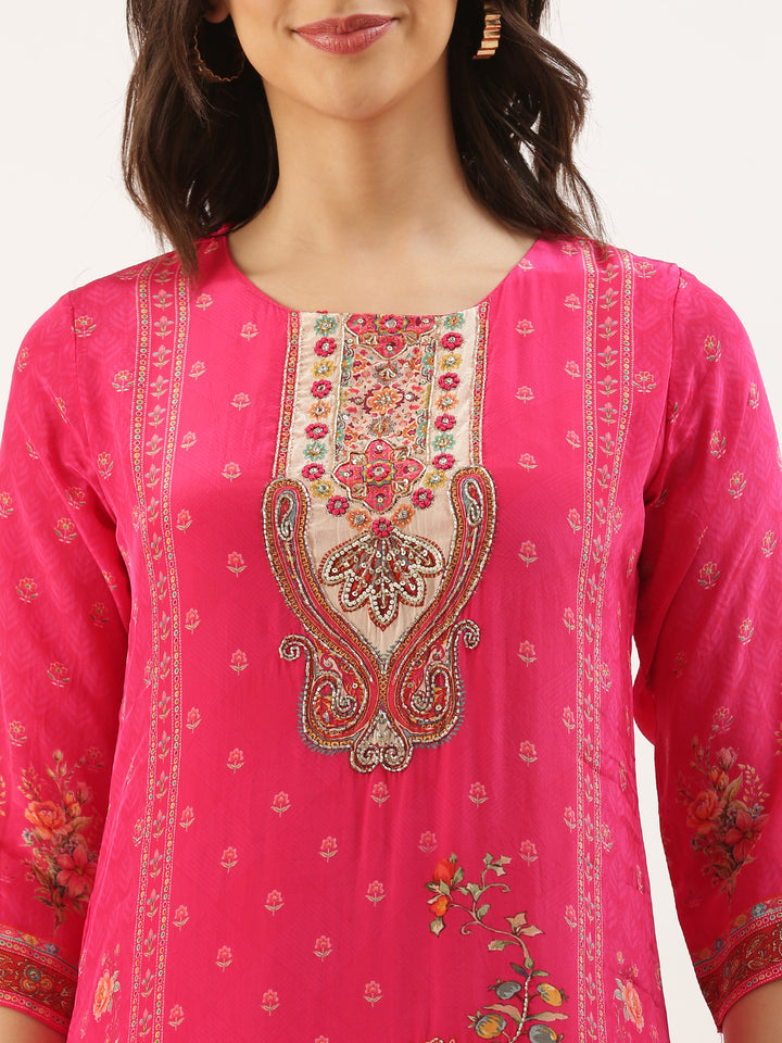 Rani Pink Crepe Printed Three Piece Suit Set