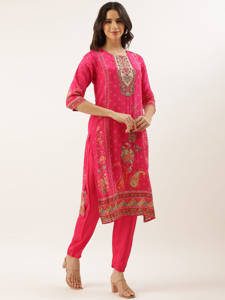 Rani Pink Crepe Printed Three Piece Suit Set