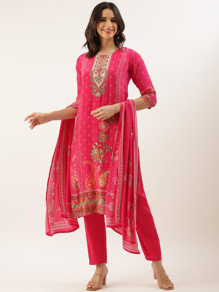 Rani Pink Crepe Printed Three Piece Suit Set