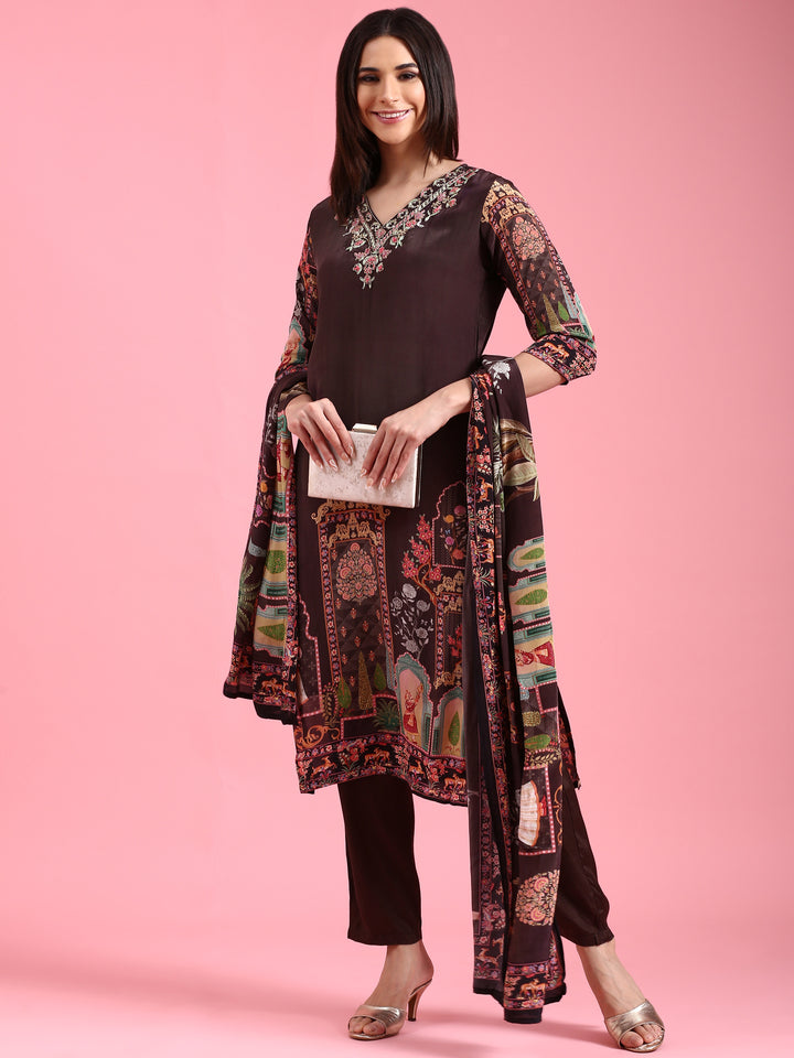 Black Crepe Hand Embroidery Three Piece Suit Set