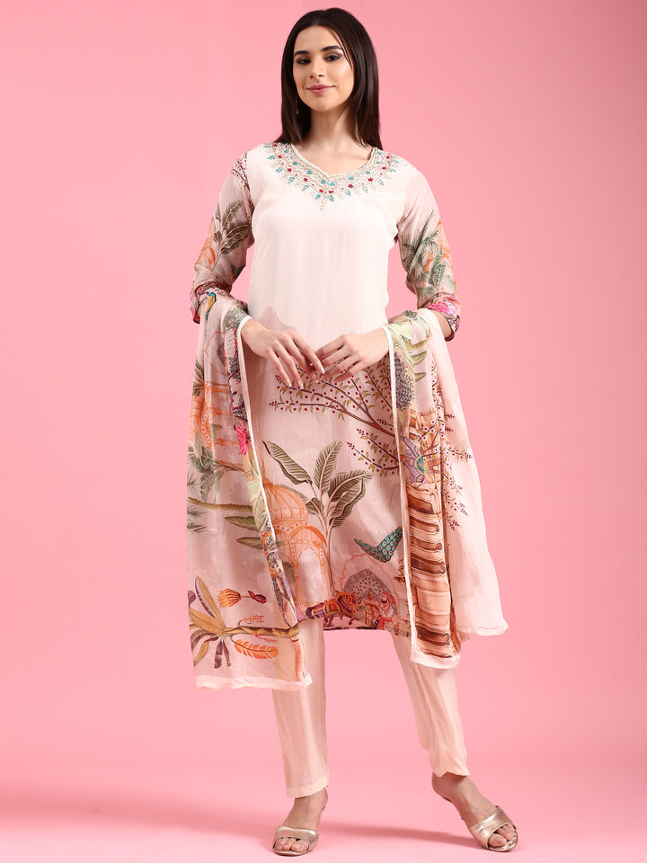 Cream Crepe Printed Embroidery Three Piece Suit Set