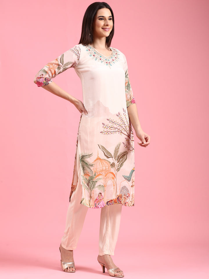 Cream Crepe Printed Embroidery Three Piece Suit Set