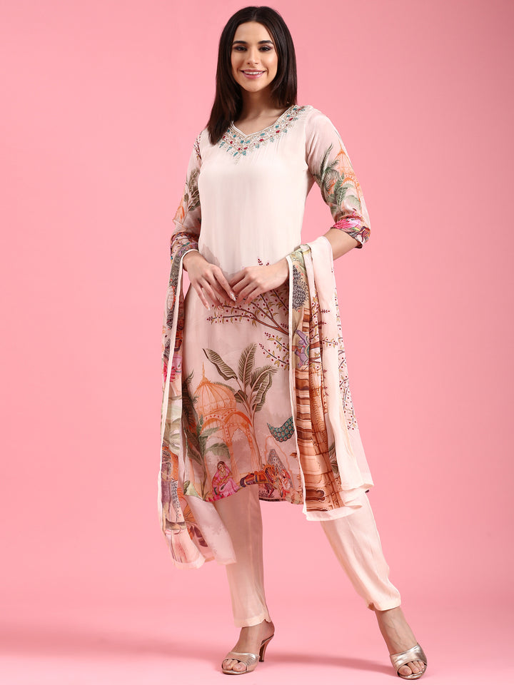 Cream Crepe Printed Embroidery Three Piece Suit Set