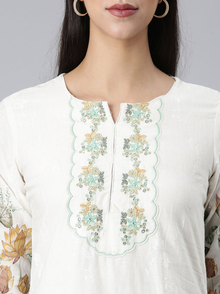 Neerus White Printed Straight Kurta and Trousers With Dupatta