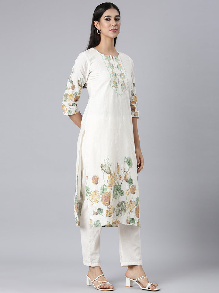 Neerus White Printed Straight Kurta and Trousers With Dupatta