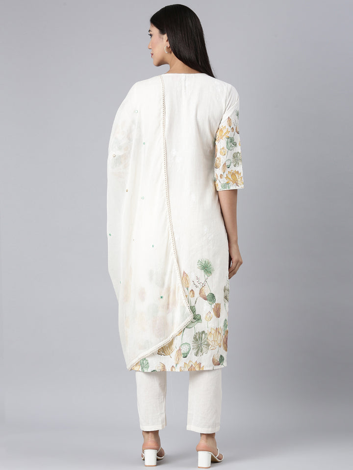 Neerus White Printed Straight Kurta and Trousers With Dupatta