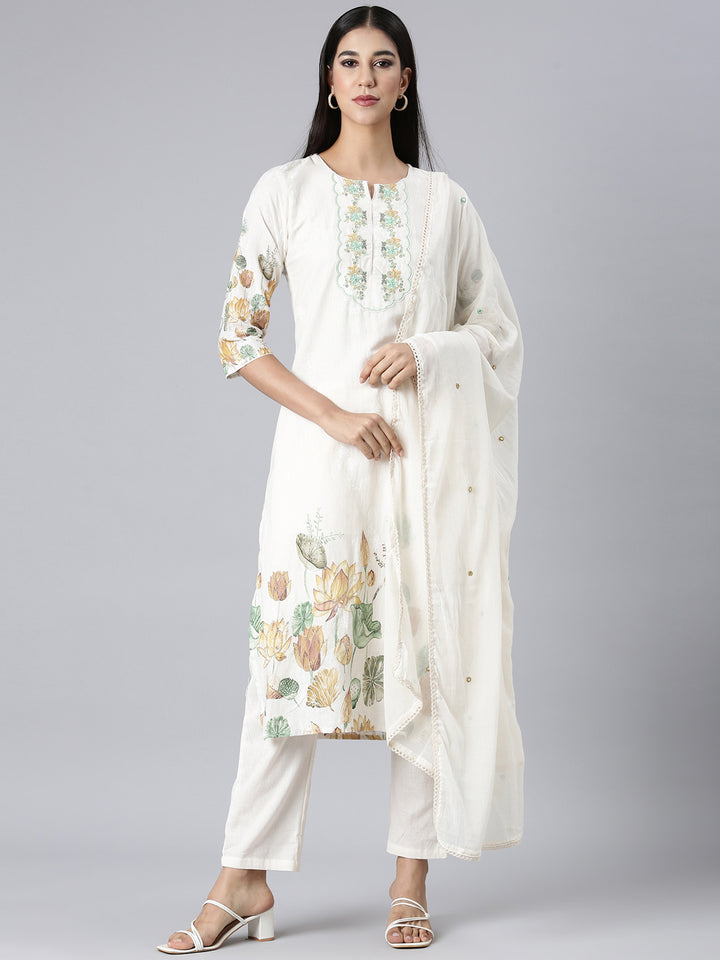 Neerus White Printed Straight Kurta and Trousers With Dupatta