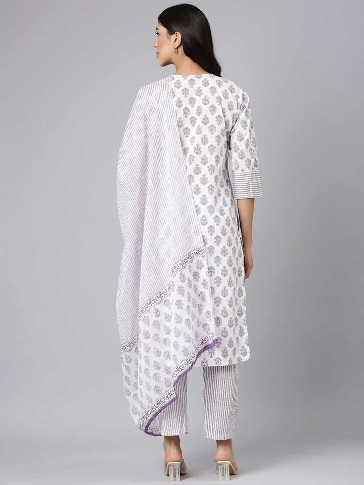 Neerus Lavender Printed Straight Kurta and Trousers With Dupatta