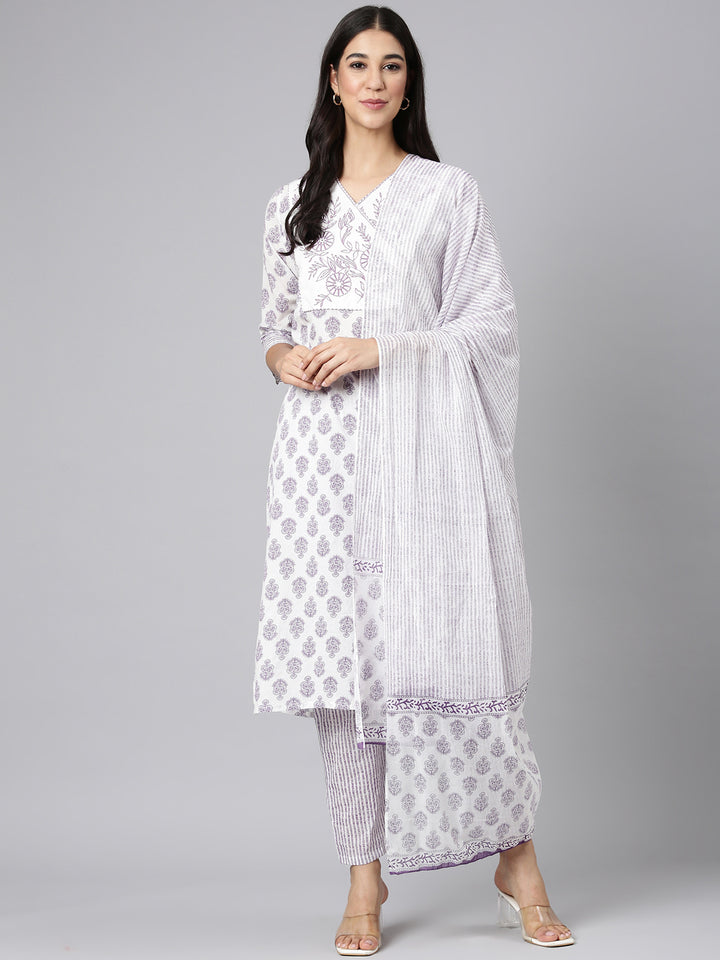 Neerus Lavender Printed Straight Kurta and Trousers With Dupatta