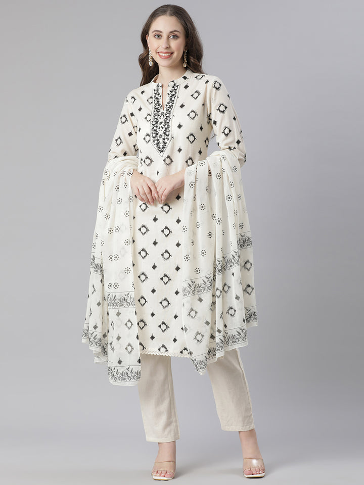 Neerus Black Printed Straight Kurta and Trousers With Dupatta