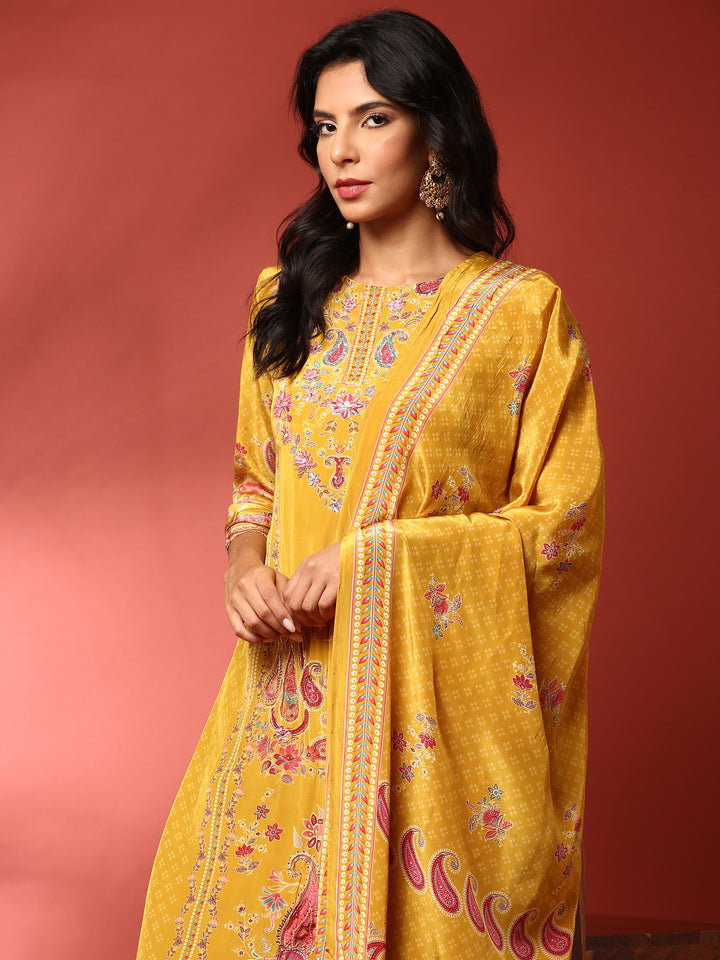 Mustard crepe embroided digital prited three piece suit set