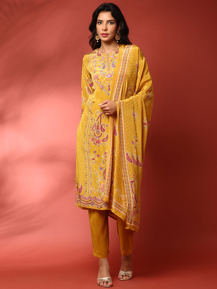 Mustard crepe embroided digital prited three piece suit set