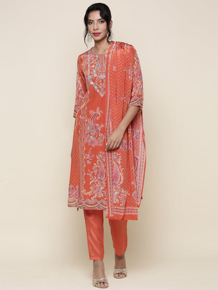 Burnt orange  Digital printed crepe Three piece suit set