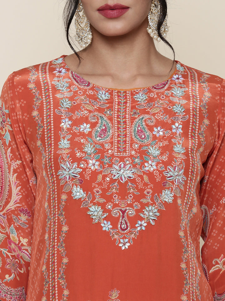 Burnt orange  Digital printed crepe Three piece suit set