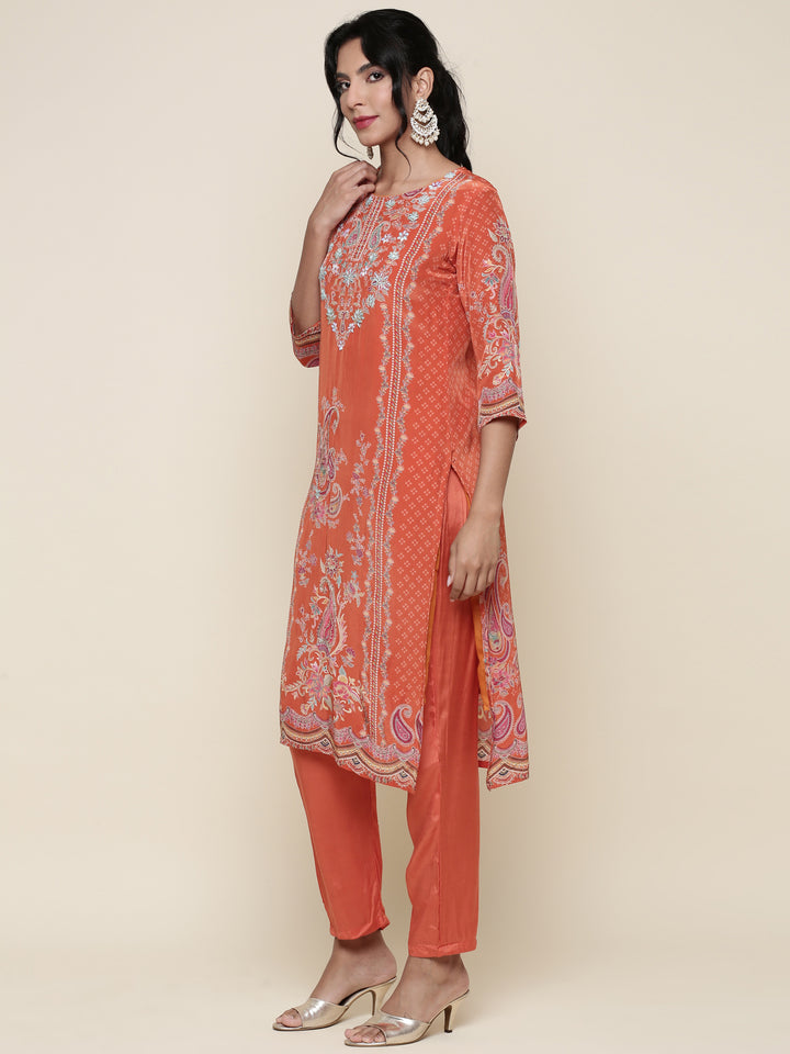 Burnt orange  Digital printed crepe Three piece suit set