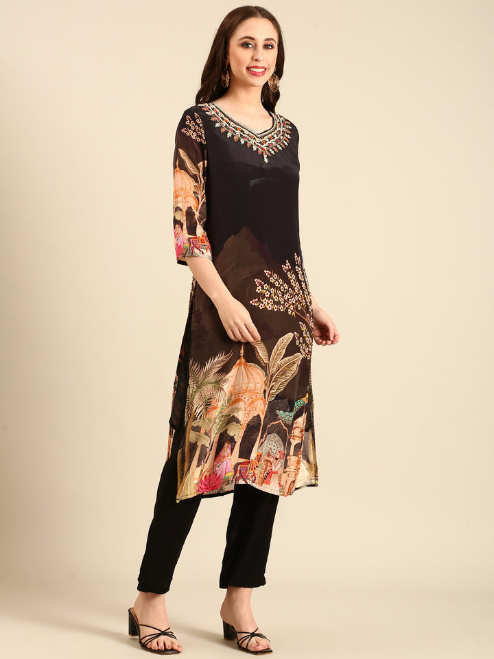 Brown crepe digital printed three piece suit set