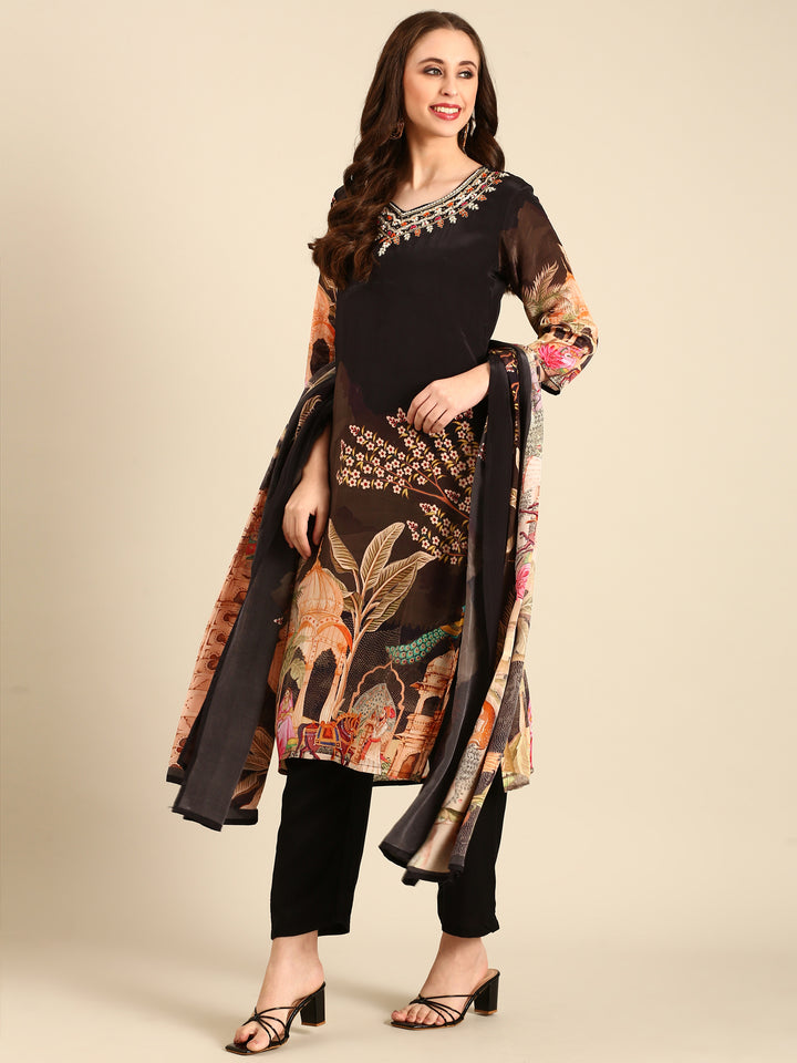 Brown crepe digital printed three piece suit set