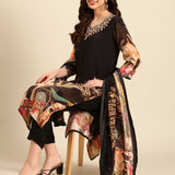 Brown crepe digital printed three piece suit set