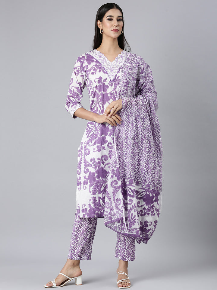 Neerus Lavender Printed Straight Kurta and Trousers With Dupatta