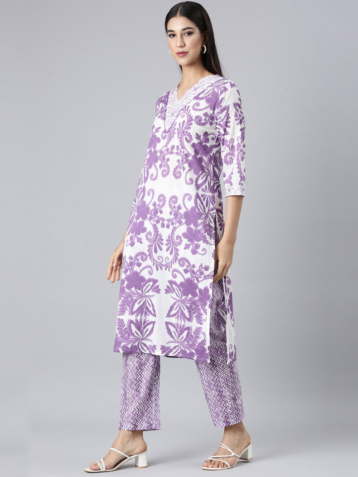 Neerus Lavender Printed Straight Kurta and Trousers With Dupatta