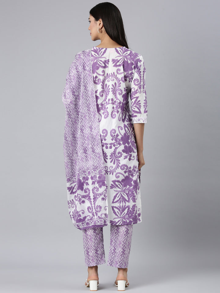 Neerus Lavender Printed Straight Kurta and Trousers With Dupatta