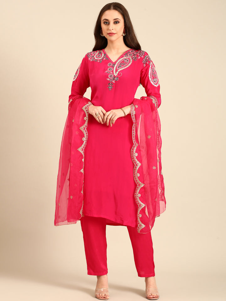 Pink Crepe suit with embroidery work