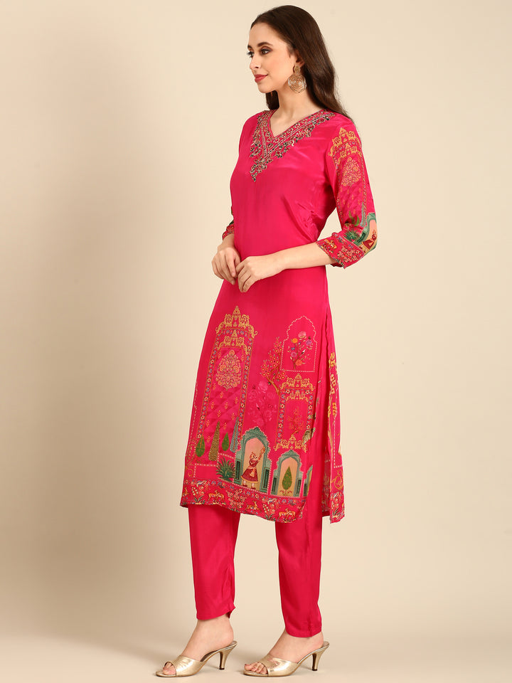 Pink Rayon Digital printed three piece suit set