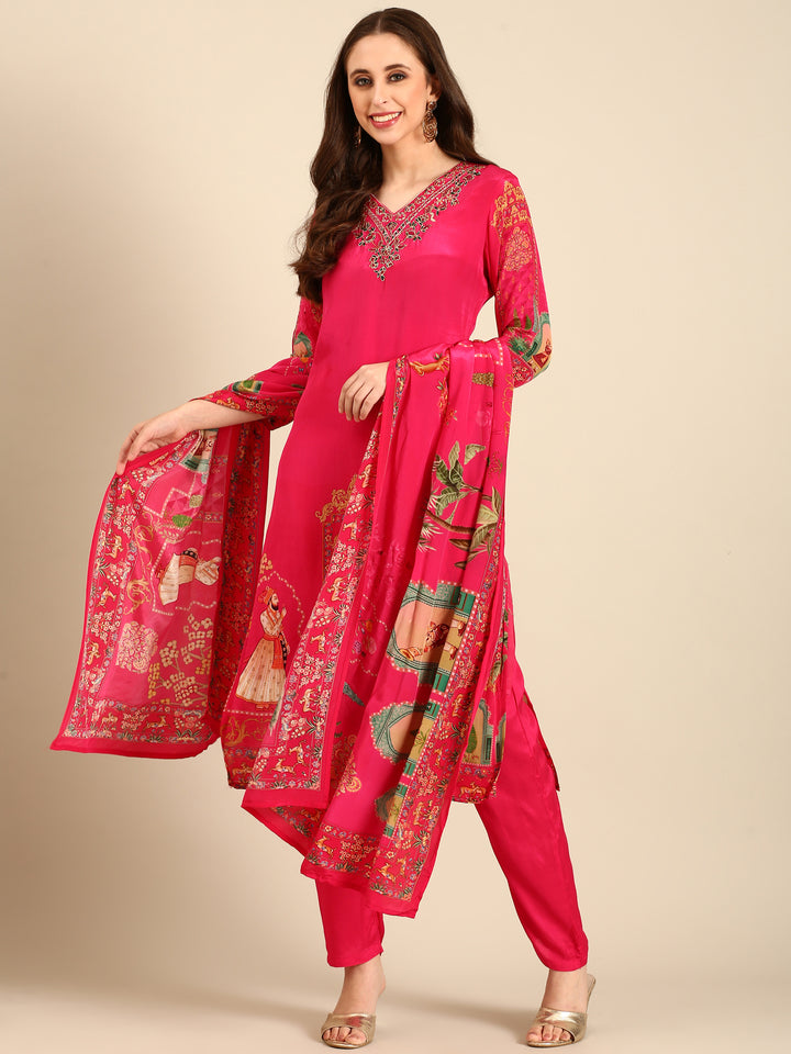 Pink Rayon Digital printed three piece suit set
