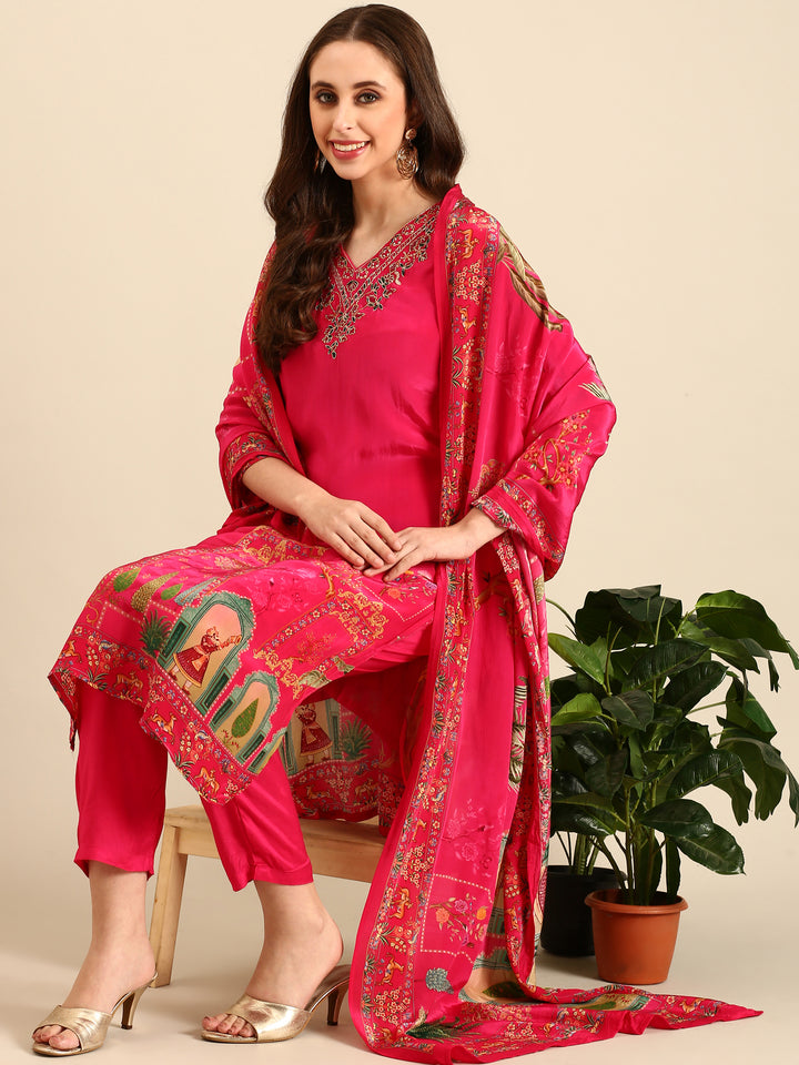 Pink Rayon Digital printed three piece suit set