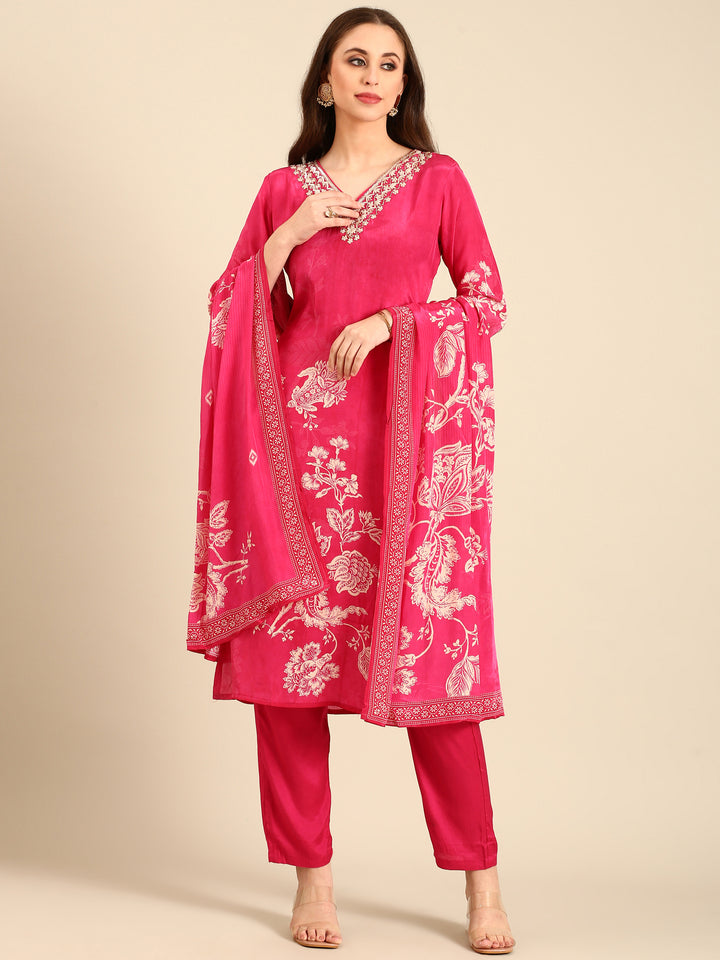 Pink Crepe Floral print three piece suit set