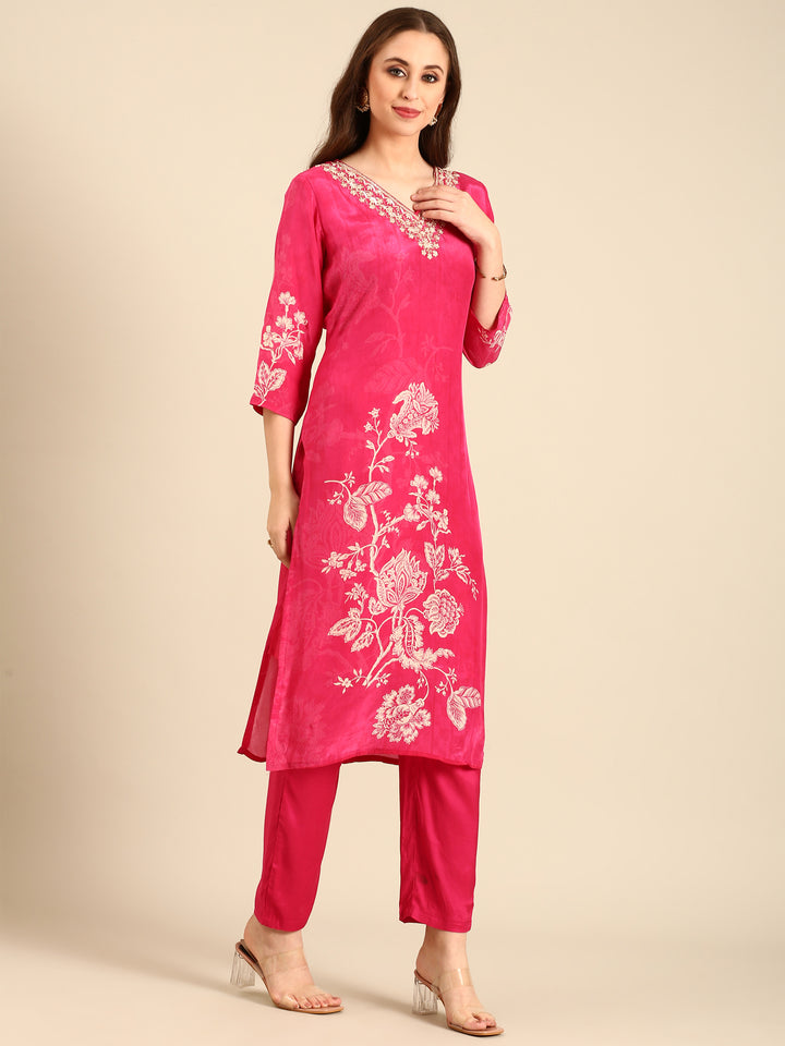 Pink Crepe Floral print three piece suit set