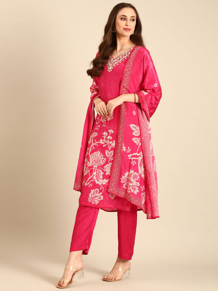 Pink Crepe Floral print three piece suit set