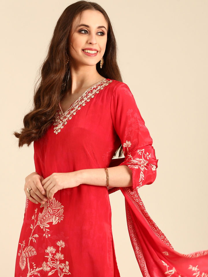 Red Crepe Floral print three piece suit set