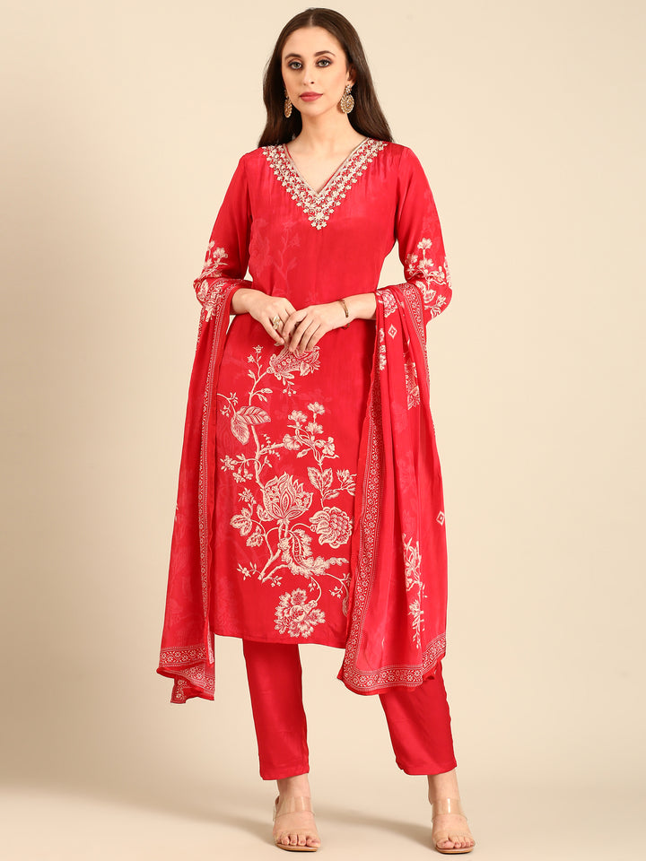 Red Crepe Floral print three piece suit set