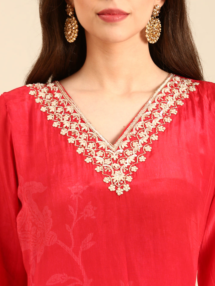 Red Crepe Floral print three piece suit set