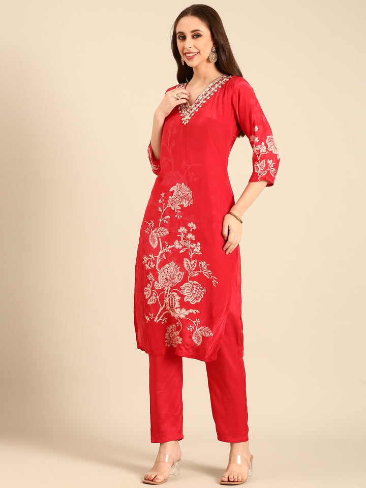 Red Crepe Floral print three piece suit set