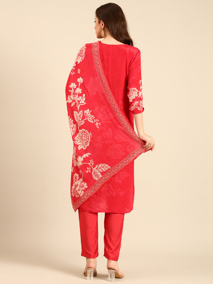 Red Crepe Floral print three piece suit set